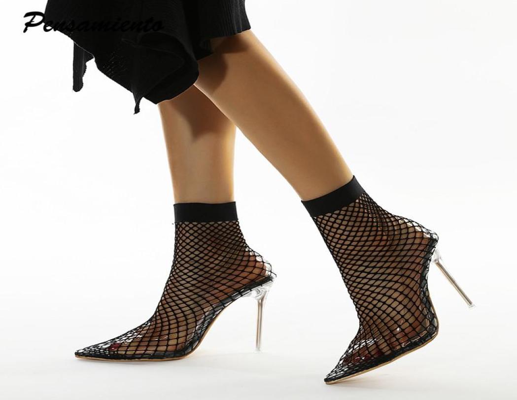 

Boots Summer Stretch Mesh Women Sexy See Through Crystal Clear Heeled Sock Fashion High Heels Ankle Party Club Shoes5698449, Black