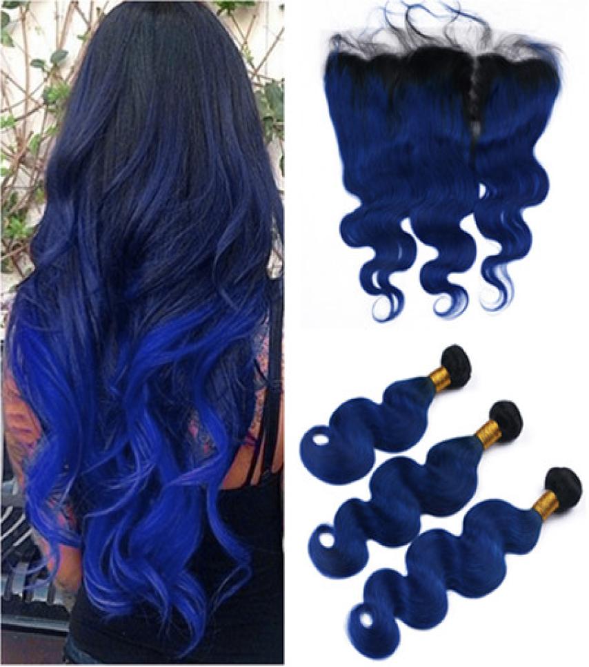 

Black and Dark Blue Ombre Malaysian Body Wave Human Hair Weave Bundles with 13x4 Full Lace Frontal 1BBlue Ombre Virgin Hair Exte3426507, Ombre color