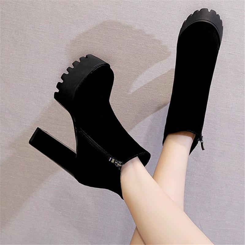 

Boots Autumn Winter Short Women's Black High Heels Waterproof Platform Fashion Ladies Flock Side Zip Thick Shoes, Leather boots