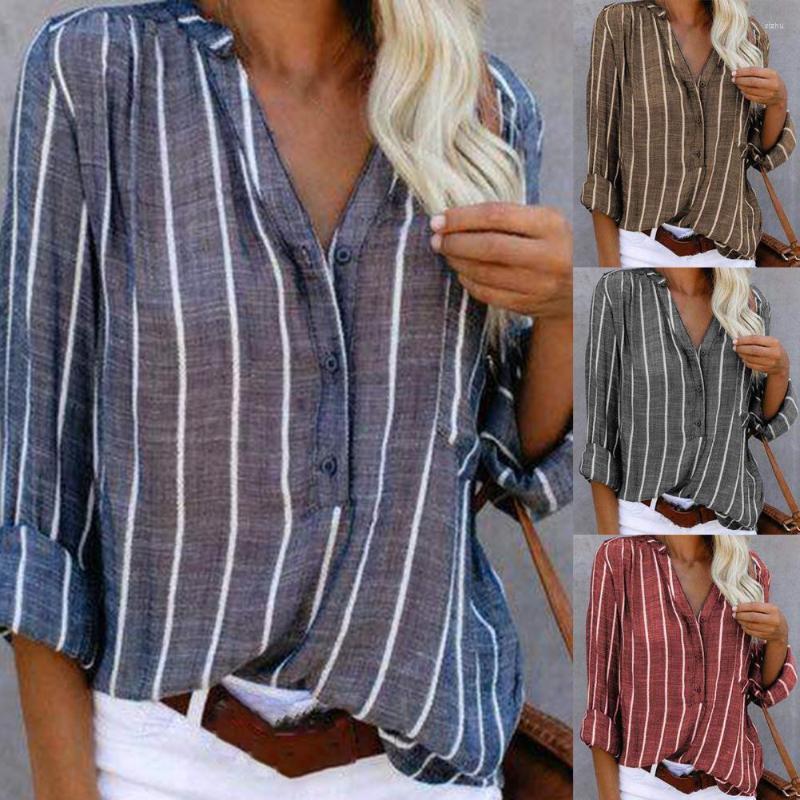 

Women's Blouses 2023 Spring Fall Striped Shirt Blouse Women V-Neck Buttons Loose Elegant Female Clothing, Khaki