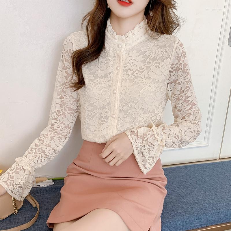 

Women' Blouses Spring Summer Women Long-Sleeved Commuting Style Solid Color Patchwork Lace Chiffon Shirt Top Blusa Feminina C092, Apricot