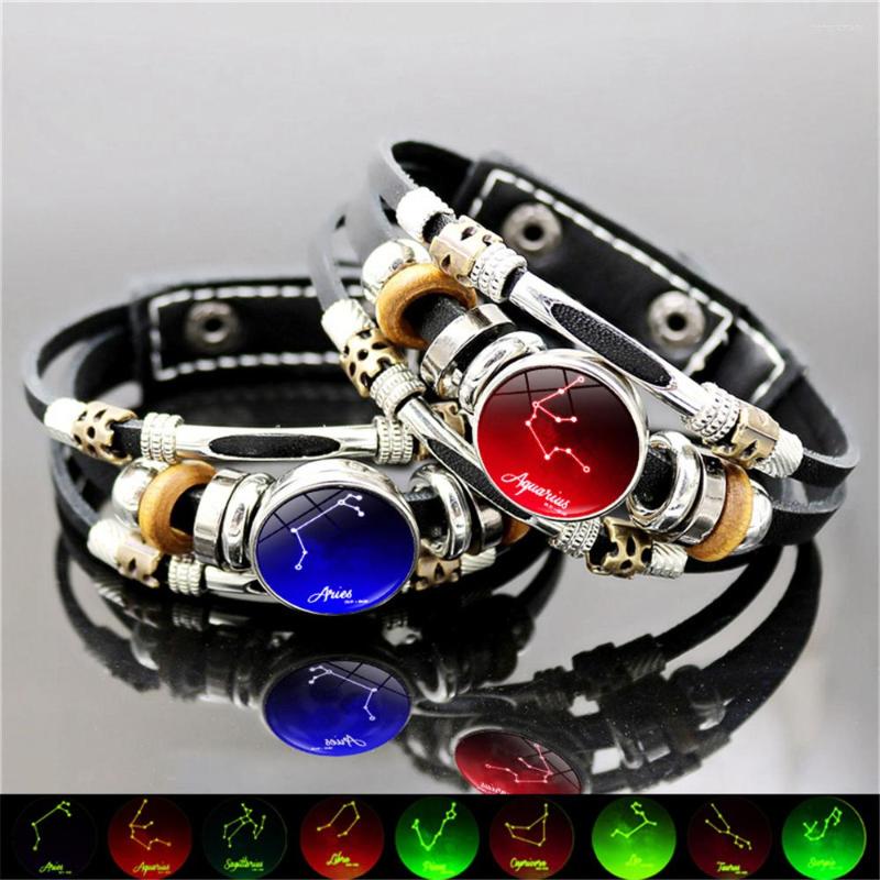

Charm Bracelets Luminous 12 Constellation Bracelet For Men Glow In The Dark Jewelry Fashion Multilayer Beaded Leather Bracalet Birthday Gift