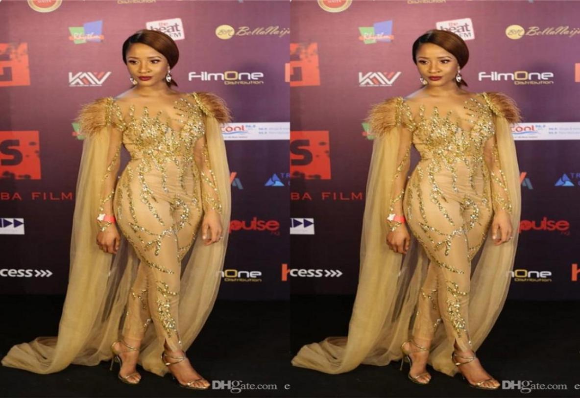 

Sexy Sparkly Gold Sequined Prom Dress With Shawls Luxury long Sleeves Jumpsuits Plus Size African Evening Party Gown9044940, Yellow