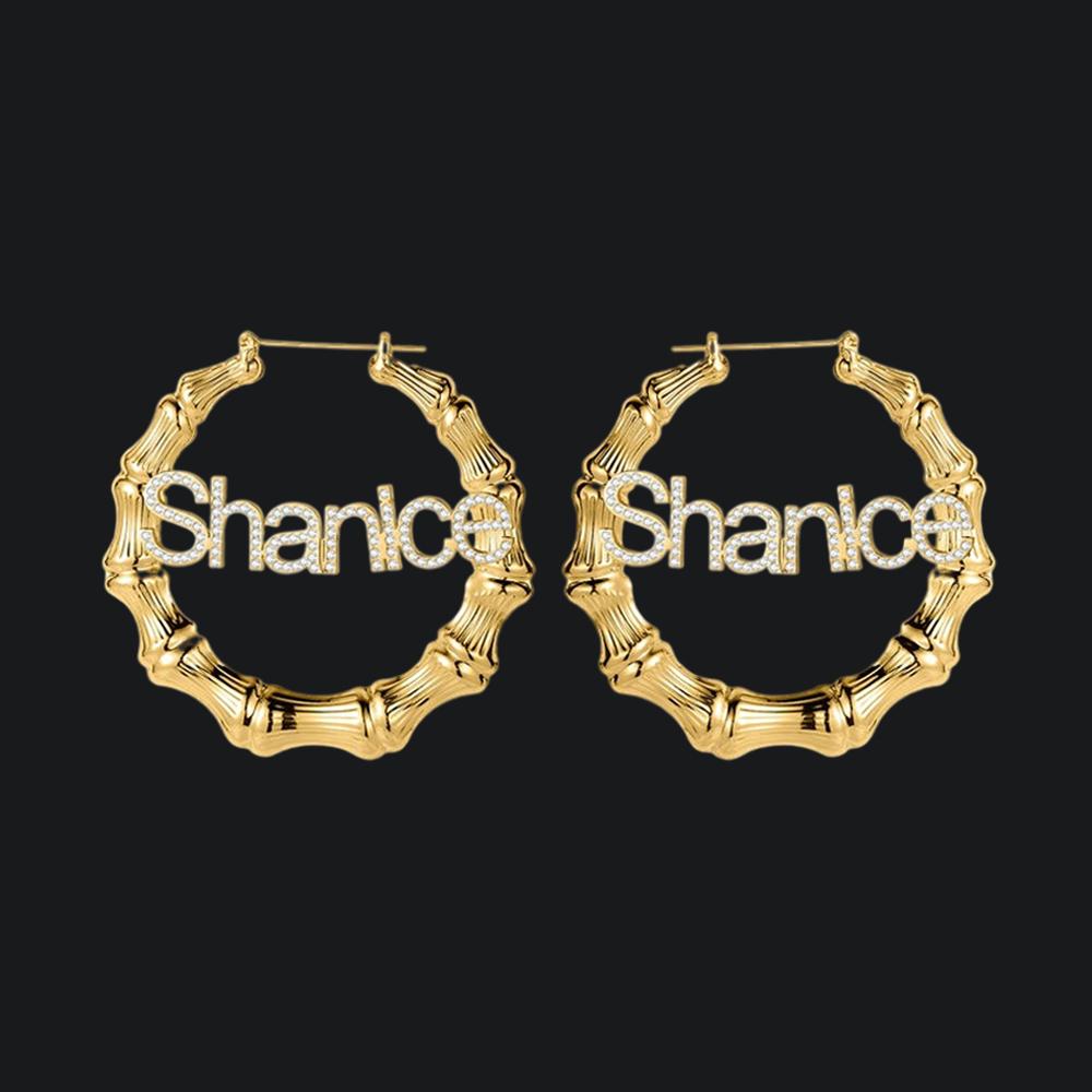 

Charm Customized Bling Name Earrings Custom Name Bamboo Earrings Stainless Steel Personalized Letter with Zircon Earrings for Women