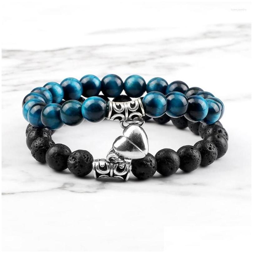 

Beaded Strand 2Pcs/Set Blue Tiger Eye Stone Lava Bracelets Lovers Jewelry Heart Magnet 6 8Mm Beads Bracelet Handmade Matching Couple Dhc9B