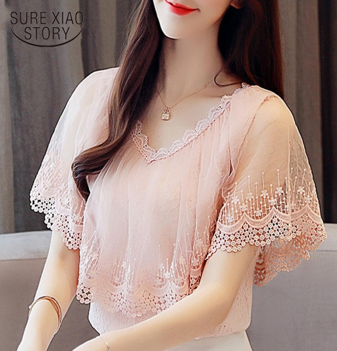 

Women Tops And Blouses Summer Lace Blouse Shirt Fashion Women Blouses New 2018 Short Sleeve Lace Top Blusa Feminina 0788 30 Y190515596778, Pink
