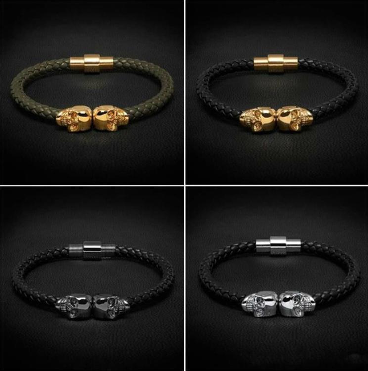

women men Mens Black Genuine Leather Braided Bracelet Men Stainless Steel For Women Gold skull Bangle for2155824