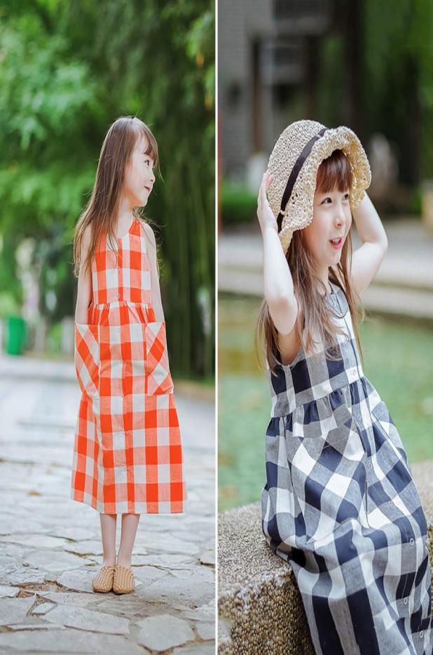 

Summer girls plaid dress INS kids cotton lattice vest long dresses children beach casual clothes A88252026105, Blue