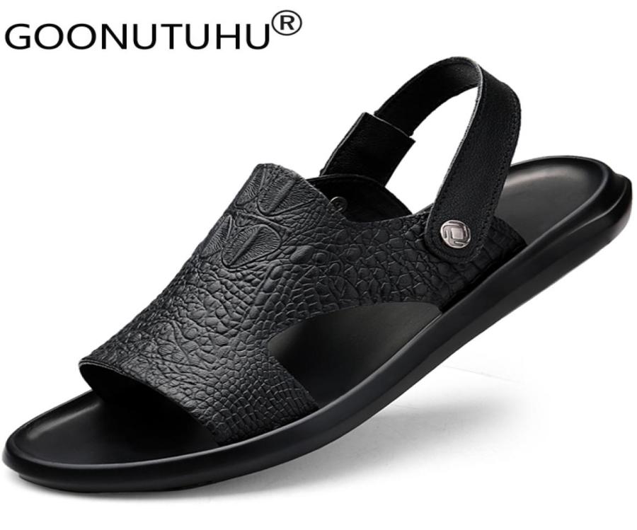 

Sandals Fashion Men039s Casual Genuine Leather Summer Breathable Shoes Male Flats Beach Sandal Man Outside Driving For Men8469821, Black