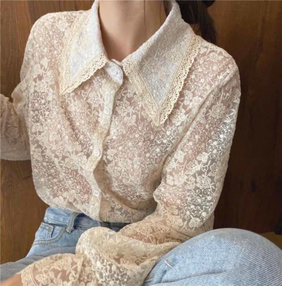 

Embroidery Lace Flower Blouse Ruffles Flare Sleeve Shirt Top Women Vintage Design Fancy Chemise Femme Renda Blusa Mujer Camisa1050412, Beige