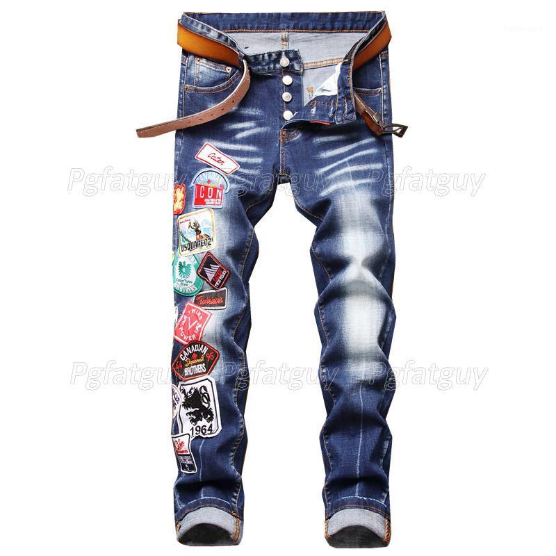 

Men's Jeans European Italy Brand Blue Embroidery Multi-badge Patchwork Stretch Denim Pants Pantalons Pour Hommes, 1212