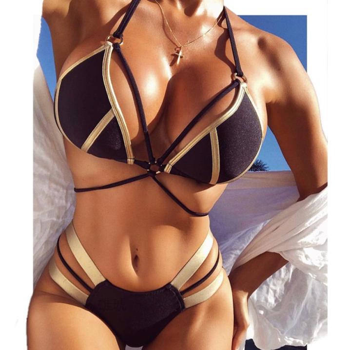 

Sexy extreme bandage bikini set 2020 mujer new Gold Black Shiny brazilian push up Swimsuit Women Padded Bandeau Swimwear Biquini1088101, Beige