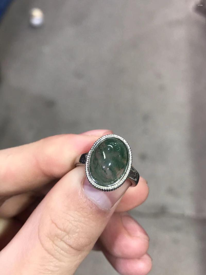 

Cluster Rings Natural Real 925 Sterling Silver Inlaid Green Chalcedony Jade Resizable For Women Men Engagement Gift
