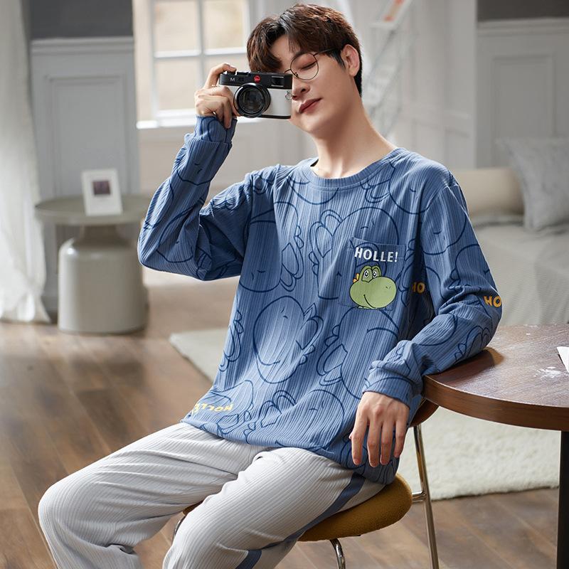 

Men's Sleepwear Autumn Men Cotton Two Piece Pants Suit Soft Comfortable Leisure Loose Casual Daily Lounge Pajamas Set Nightclothes