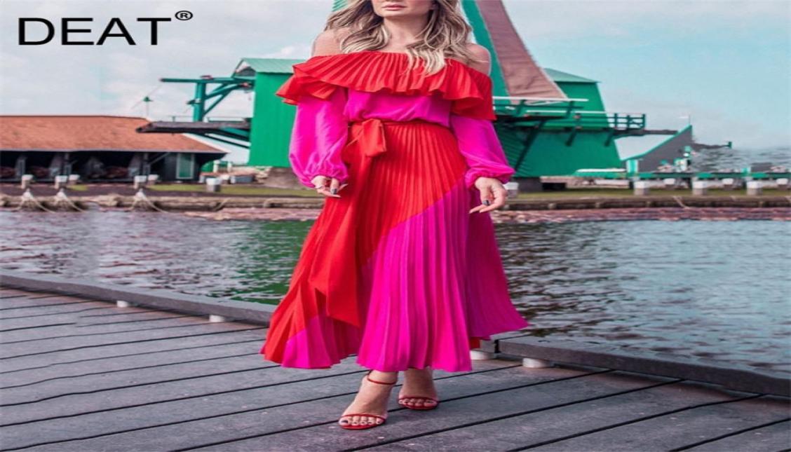 

DEAT Woman Long Sleeve Dress Hit Color Pleated Ruffed With Sashes Slim Slash Neck Casual Style Summer Fashion 15HT170 2204262823740, Red