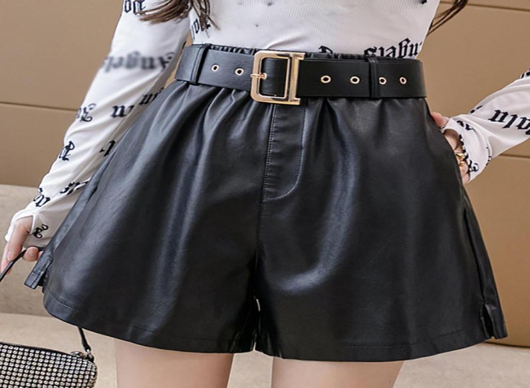 

Women039s Shorts With Belt PU Leather Women 2021 Fall Winter Elegant Wide Leg High Waist Feminino Fashion Faux Short Femme6511631, Black