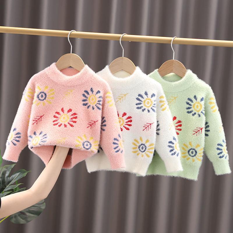 

Pullover Girl Casual Sweater Children's Knitted Woolen Round Neck Autumn/winter Kids Cute Floret Long Sleeve Keep Warm Thicken, Green