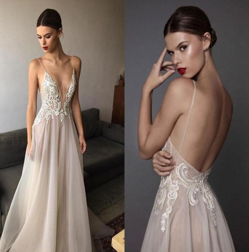 

2019 Sexy Ivory Berta Evening Dresses Deep V Neck Spaghetti Straps Embroidered Chiffon Backless Summer Illusion Long Prom Dresses6296446, Gray