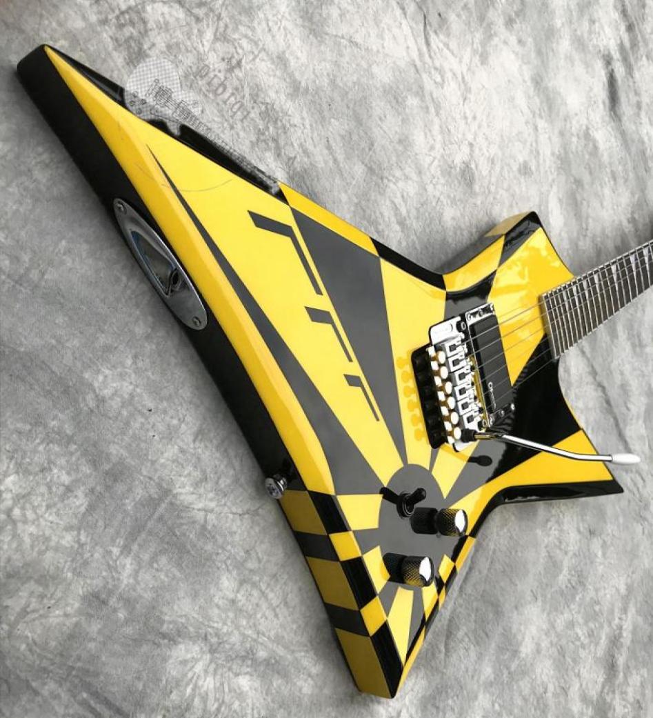 

Michael Sweet Jack Son Explorer Stryper Electric Guitar Black Yellow Stripe Floyd Rose Tremolo Bridge Whammy Bar China EMG Pick3900388