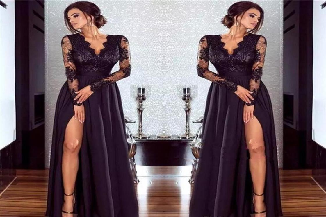 

Sheer Long Sleeve Lace African Prom Dresses Sexy V Neck Formal Party Gowns High Side Split Celebrity Prom Dresses Cheap Vestido de6324382, Light yellow