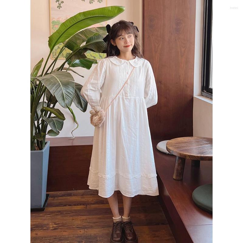 

Casual Dresses Summer Thin Sweet Cotton Midi Dress Women Fashion Loose Doll Collar Long Sleeve White Girls Clothes