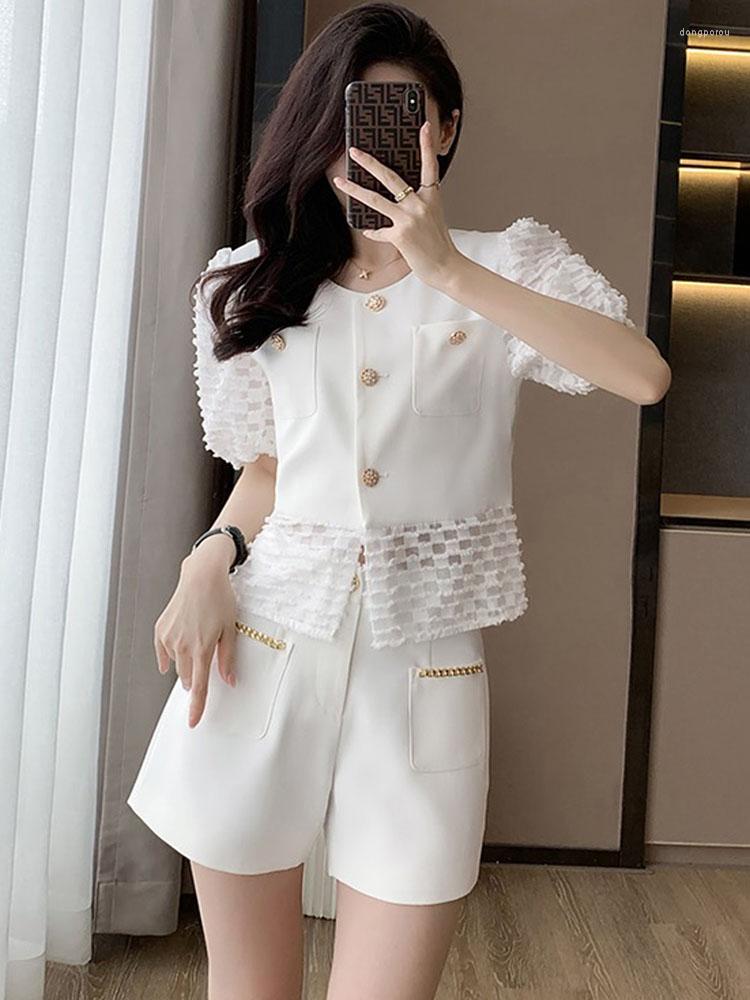 

Women' Tracksuits Fashion Wide Leg White Shorts Korean Chic For Women Lace Puff Short Sleeve Shirt 2 Piece Sets Summer Lady Tops Casual
