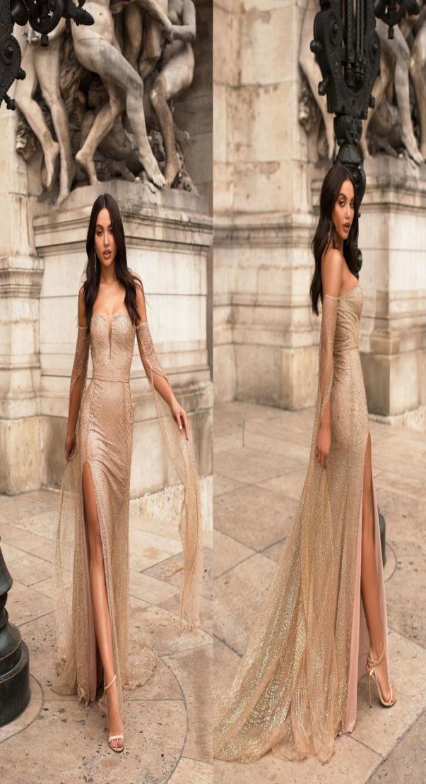

Gold Evening Dresses Off The Shoulder Bling Glitter Sweep Train Side Split Sexy Prom Dress Long Sleeves Custom Made Formal Party G7534869, Green