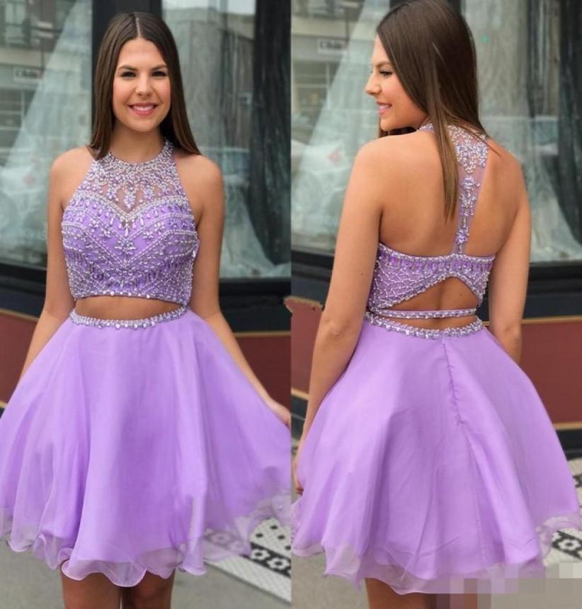 

Cute Lavender Homecoming Dresses Two Piece Jewel Neck Luxury Beaded A Line Backless Custom Made Hollow Graduation Party Gowns6735691, Water melon