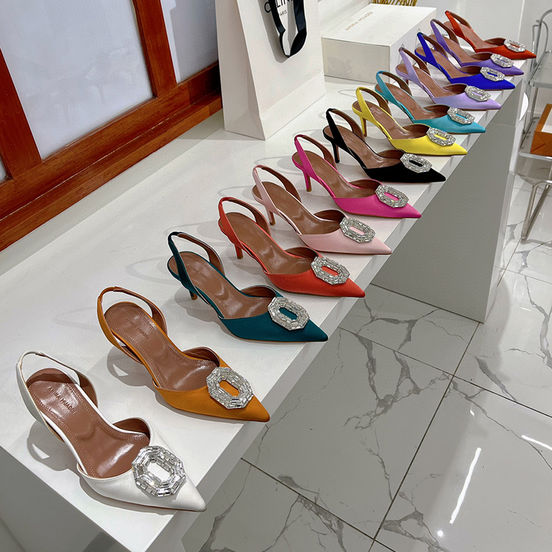 

Amina muaddi Dress Shoes sandals Satin pointed slingbacks Bowtie pumps Crystal-sunflower high heeled shoe10cm Women's Luxury Designer Party Wedding Shoes With box, Color 8