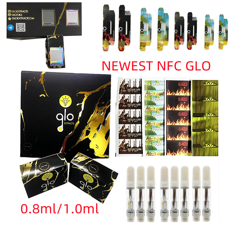 

Newest GLO Vape Cartridges NFC Package Box 40 Strains 0.8ml 1ml Empty Vapes Pen Carts 510 Thread Thick Oil Cartridge Glass Tanks Ecigs Vaporizer Pens