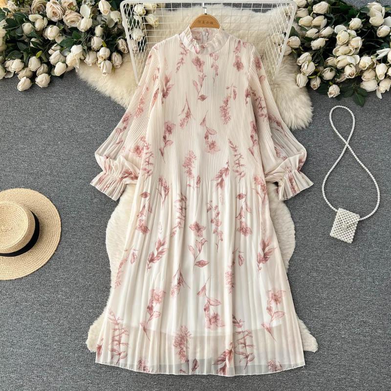 

Casual Dresses Fashion Flower Print Loose Dress Women's Spring Summer Slim Chiffon Long Sleeve French Clothes Vestidso J826, Mixed