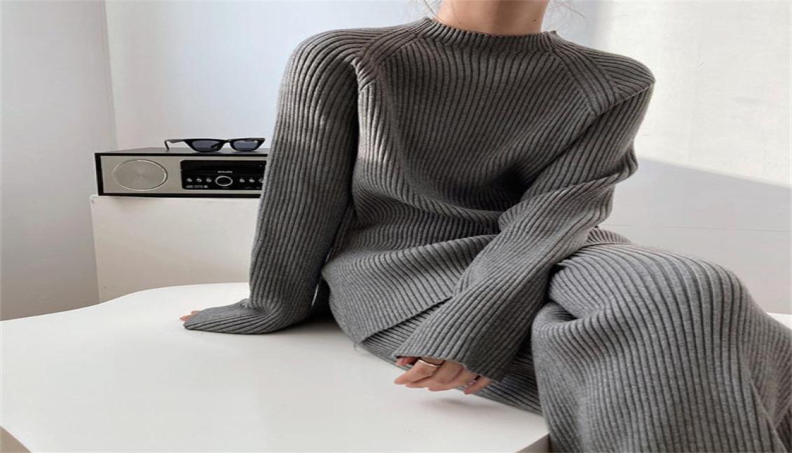 

Women039s Two Piece Pants HziriP Winter Knitted Loose Pieces Sets Chic Split Warm Elegant Pullovers Sweaters 2021 Wide Leg Stra9340658, Blue