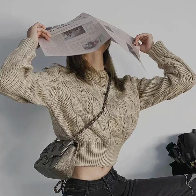

Women's Sweaters Retro High Waist Short Sweater Autumn Winter Women Long Sleeve Twist Knitted Knit Top Pullovers Jersey Mujer, Khaki