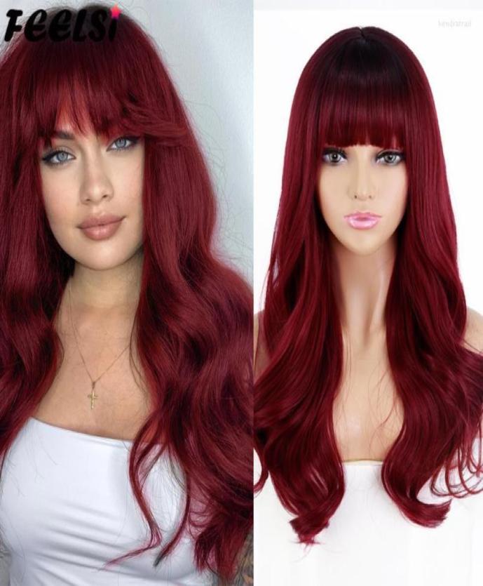 

Synthetic Wigs FEELSI Long Wavy Hairstyle Ombre Wine Red Wig With Bangs For Women Cosplay Lolita High Temperature Fiber Kend228891393, Light brown