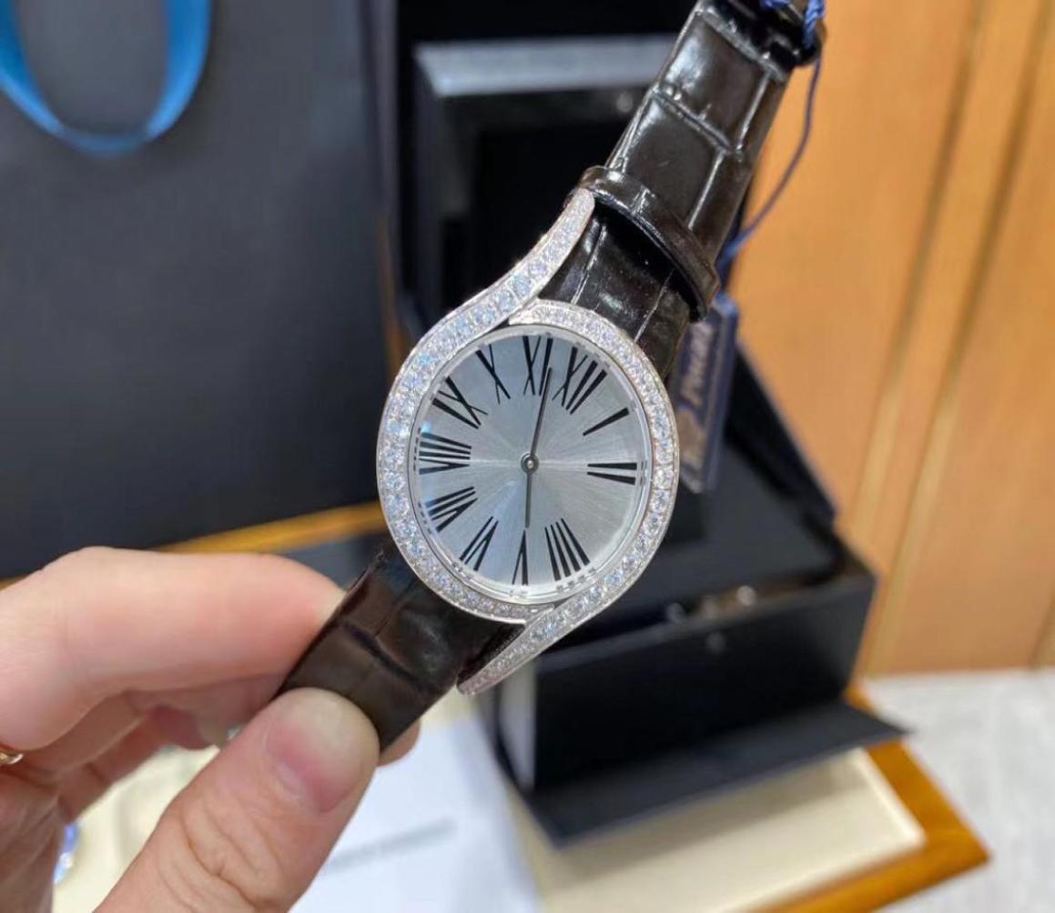 

Designer ladies watch cowhide strap sapphire mirror glass 32mm quartz movement diamond bezel8577802, Red