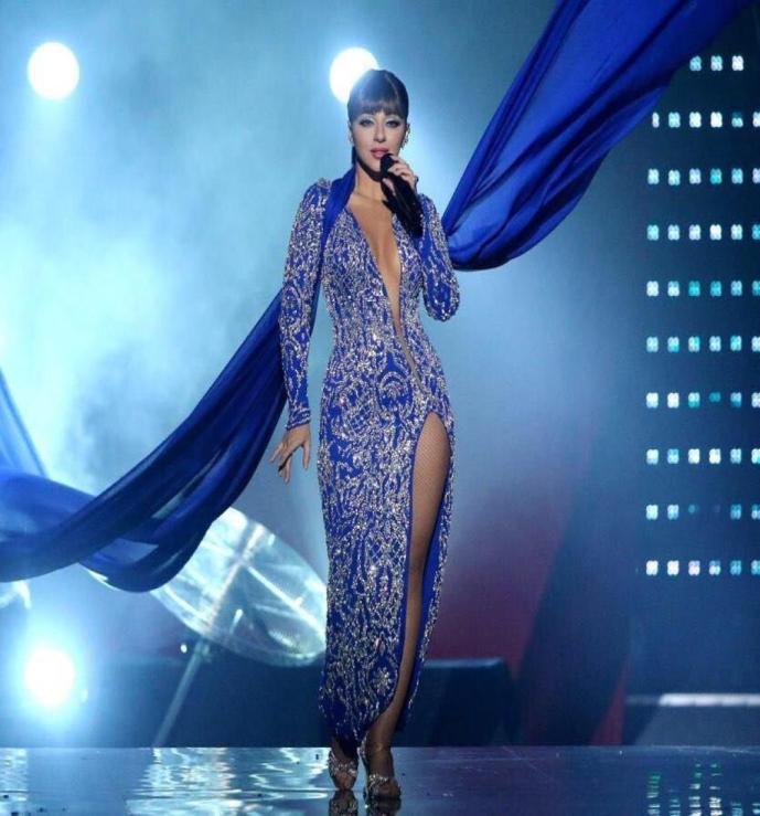 

2017 Sexy Sheath Evening Dresses with Major Beadeds Sequins Side Split Deep VNeck Embroidery Custom Made Myriam Fares Party Prom 5542453, Sage