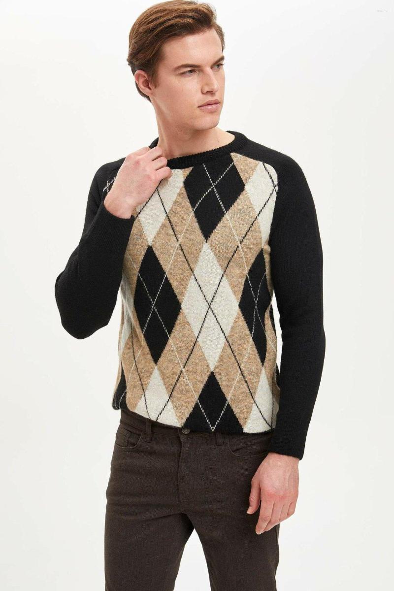 

Men's T Shirts DeFacto Winter Man Classic Rhomboids Prints Knitted Pullover Men Fashion Black Sweatshirts Warm Thick Tops-M0198AZ19WN