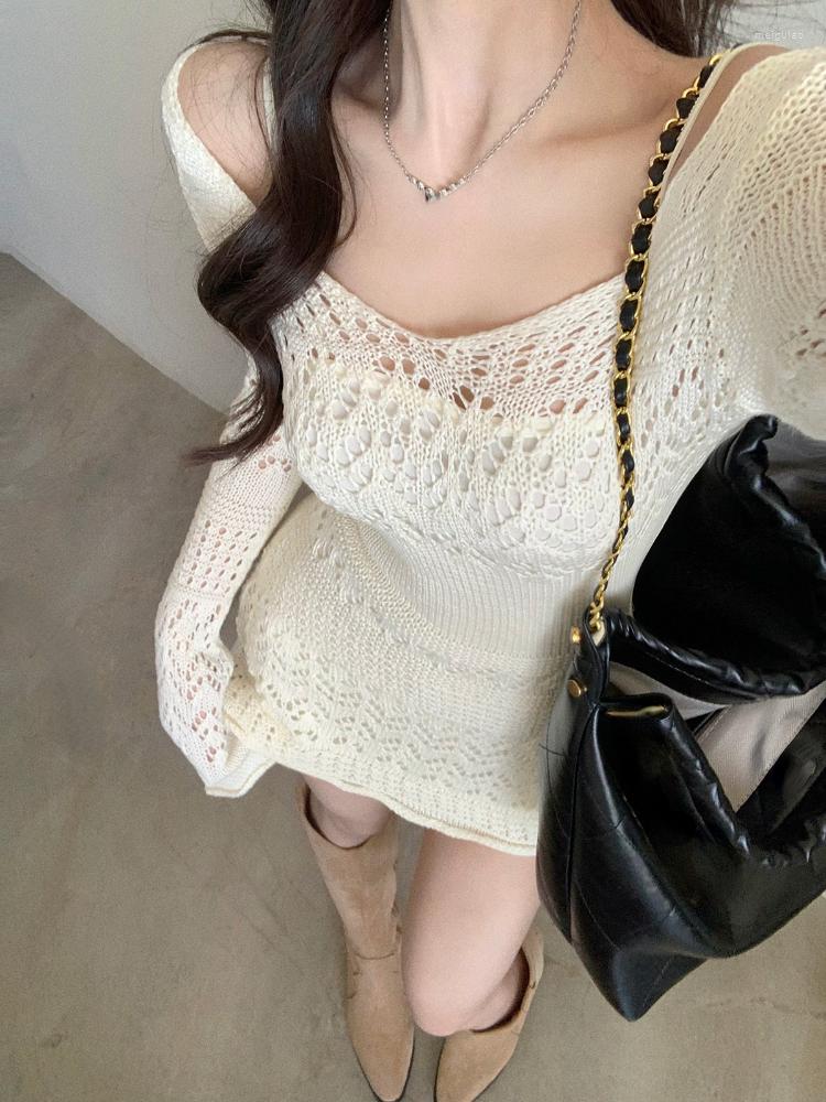 

Casual Dresses 2023 Autumn Elegant Knitted Dress Women Long Sleeve Lace Short Party Korea Fashion Slim Sexy Y2k Mini Female Vintage, Beige