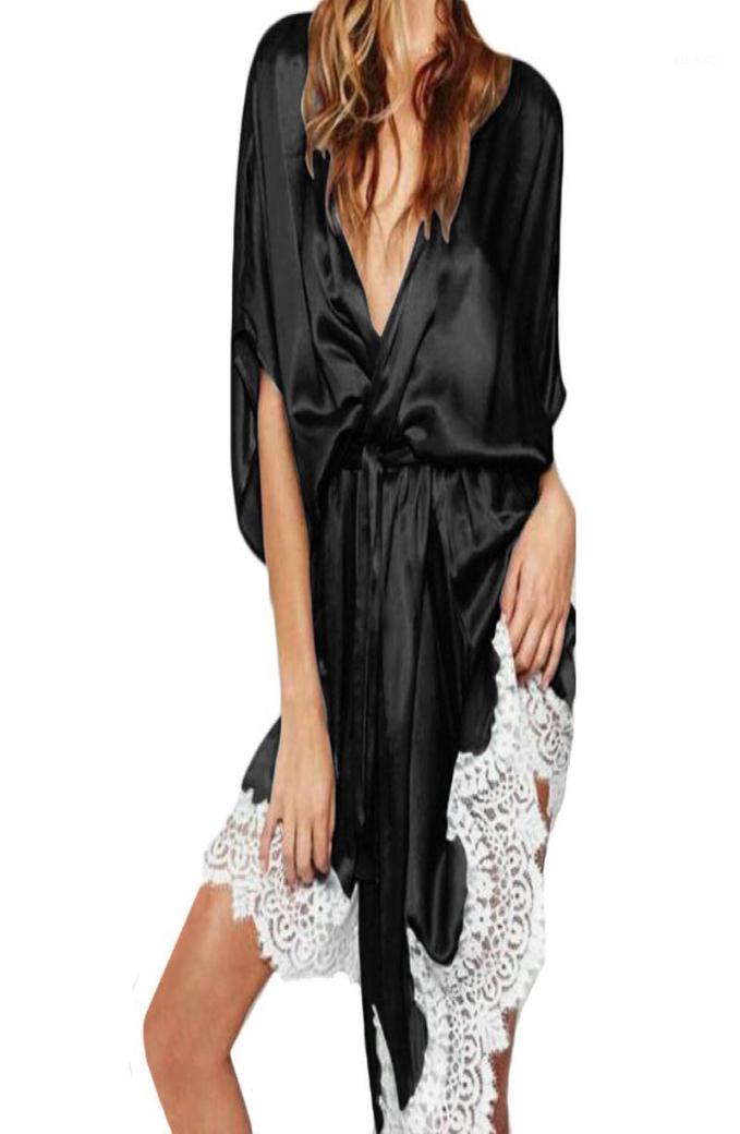 

Womens Girl Sexy Imitation Lace Sashes Perspective Kimono Robe Dressing Gown Sleepwear satin robes d9052415384288, Black