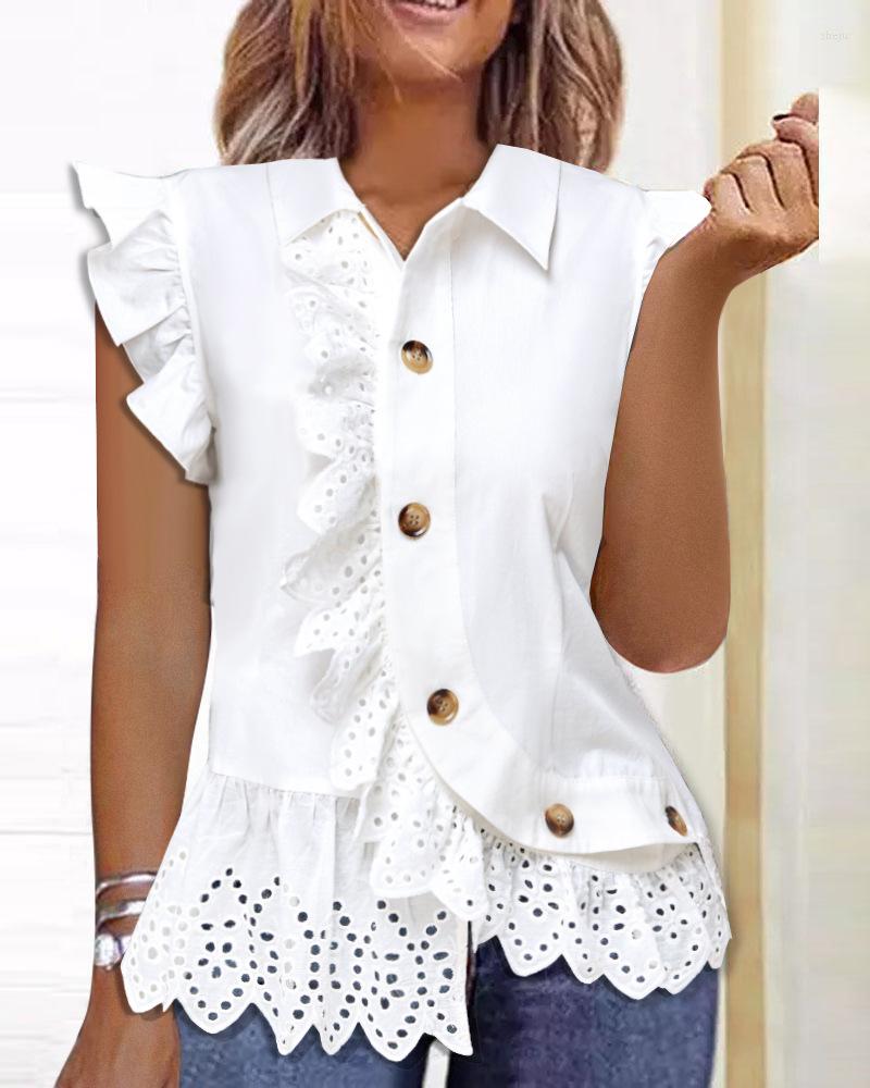 

Women' Blouses Women Elegant Summer Fashion Hollow Out Single Breated T-shirt Blouse Streetwear Flutter Sleeve Lace Patch Buttoned Top, White