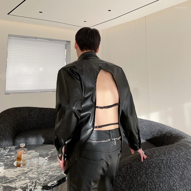 

Men's Casual Shirts Fashion Designer Chic PU Leather Men Shirt Open Back String Long Sleeve Single-Breasted Spring Autumn, Black
