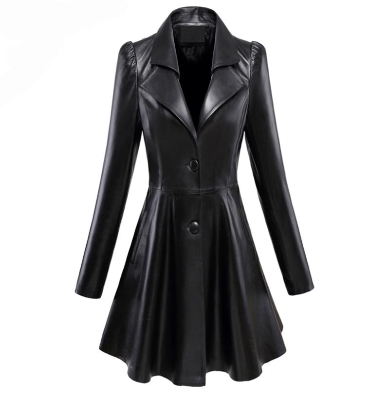 

Women039s Leather Faux Leather Women  Jackets Nerazzurri Fit and flare faux leather coat notched lapel long sleeve puff Skirte3555868, Black