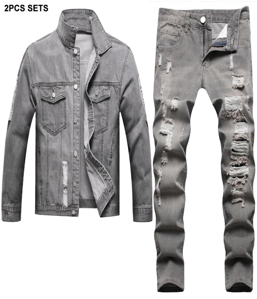 

Solid Color Tracksuits Gray Vintage Men039s Sets Ripped Hole 2pcs Jeans Set For Men Side Slit Pocket Casual Loose Denim Jacket 8659123, Blue