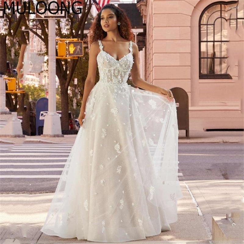

Wedding Dress MULOONG Elegant Sweetheart Spaghetti Sleeveless Lace Appliques A Line Backless Floor Length Sweep Train Gown, Pink