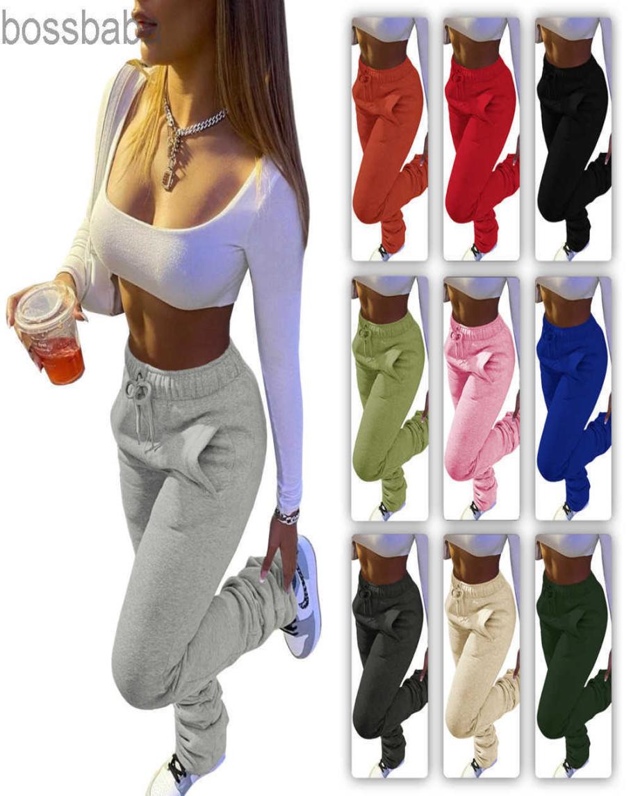 

2022 Women Pants Stacked Sweatpants Spring Sports Casual Drawstring Trousers Stack With Pockets Ladies Leggings9718482, Green
