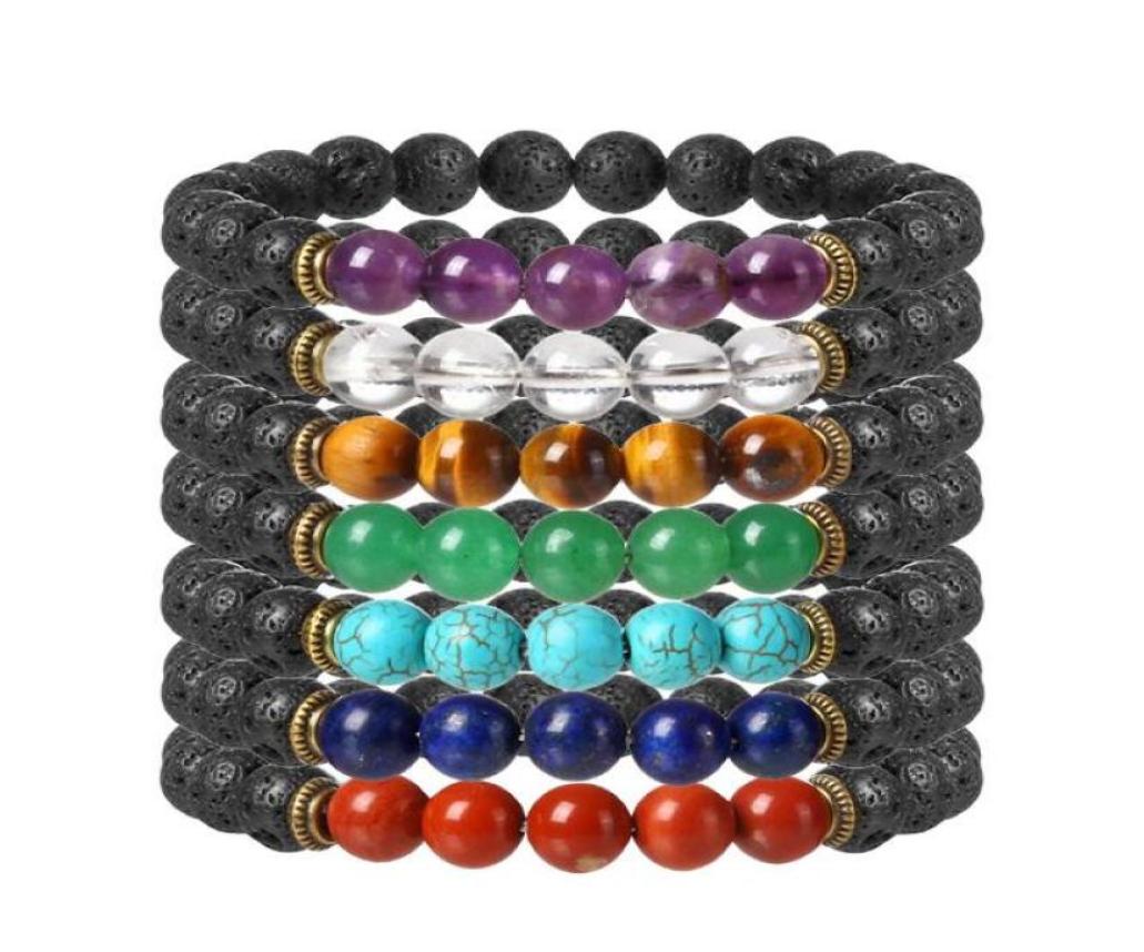 

JLN Lava Beaded Strands Bracelet Yoga Energy Stone lapislazuli Ojo de tigre Seven Chakra Stretch Power Beads For Man Woman Gift4876711