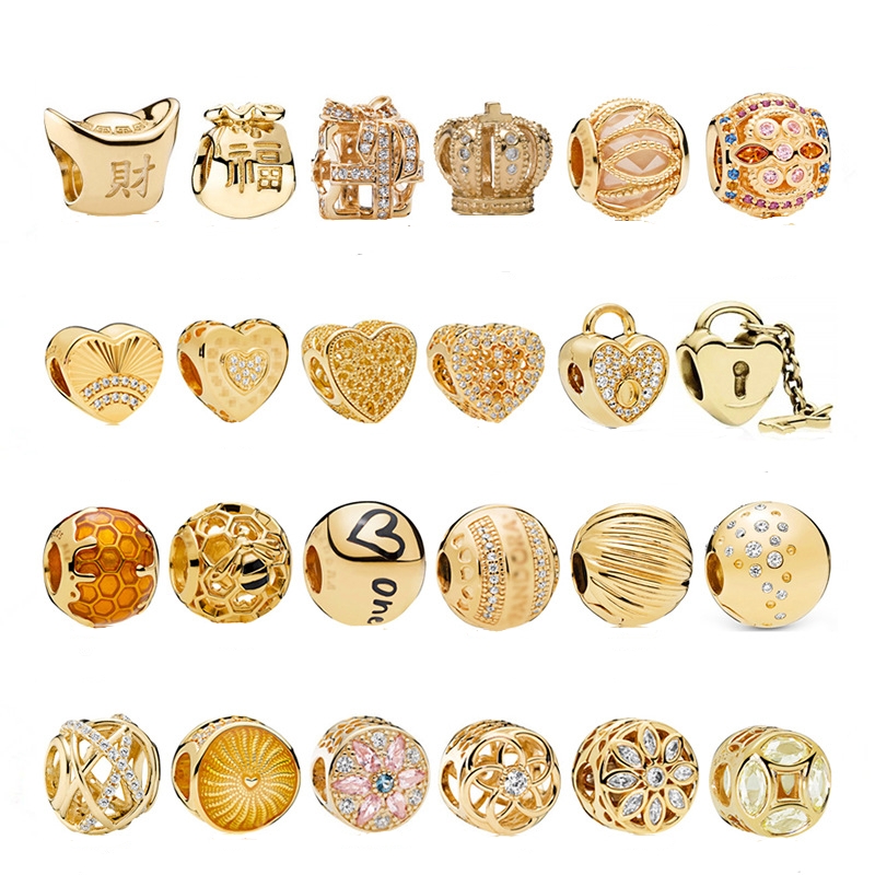 

925 Pounds Silver New Fashion Charm Original Round Beads,Gold Love Hollow Fixed Buckle Beaded DIY Accessories, Compatible Pandora Bracelet, Beads