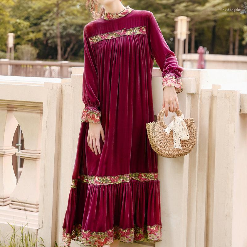 

Casual Dresses 20% Mulberry Silk Long Temperament Dress For Women 2023 Velvet Sleeved Ladies Loose A-line Slim Vestidos, Purplish red