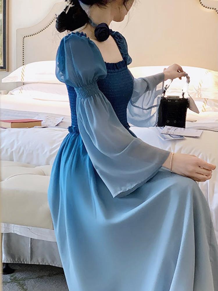 

Casual Dresses Summer French Elegant Midi Dress Korean Fashion Women Square Collar Butterfly Sleeve Evening Party, Blue