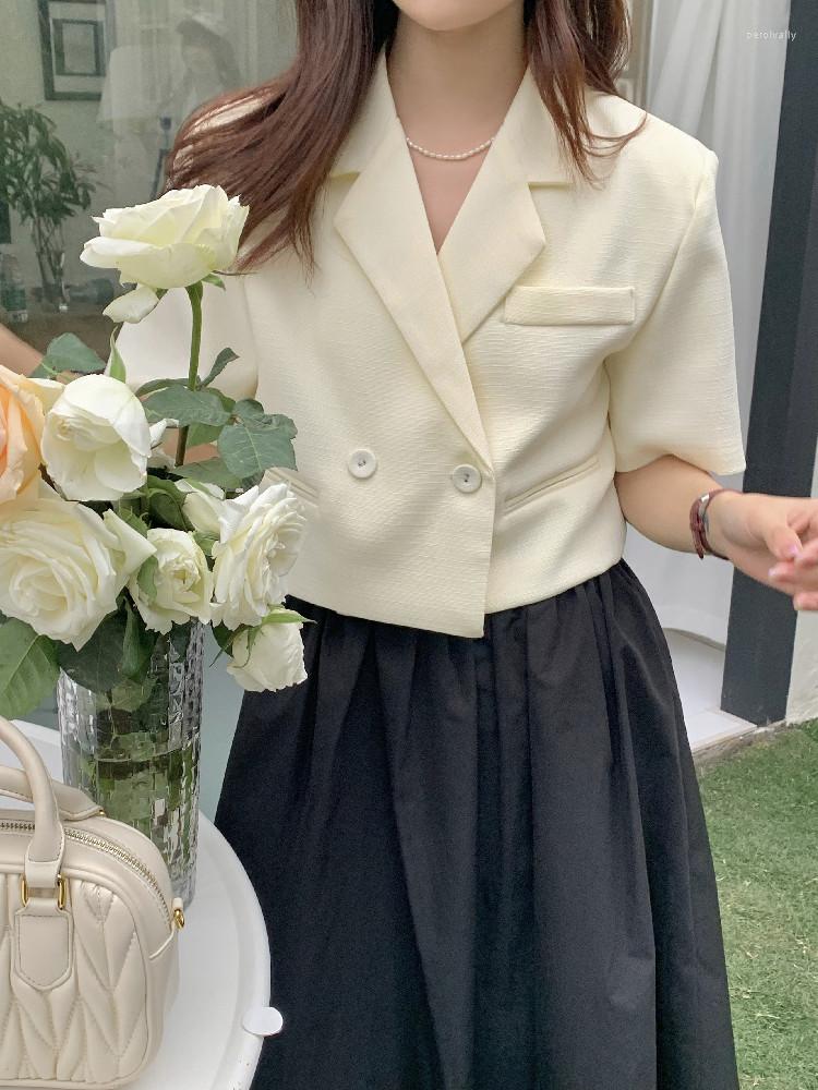 

Women's Jackets Korean Style Summer Short Sleeve Suit Jacket Women Vintage Turn Down Collar Loose Casual Coat Female Elegant, Beige
